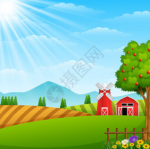 带棚子和红色风车的农场景观插图图片