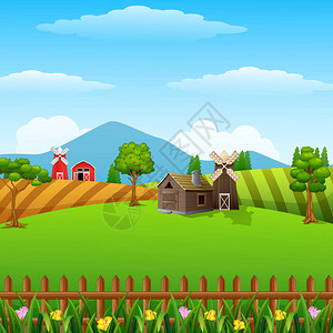 带棚子和棕色风车的农场景观插图图片