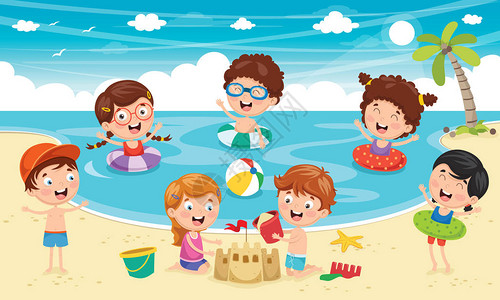 儿童在海滩和海上玩图片