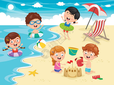 儿童在海滩和海上玩图片