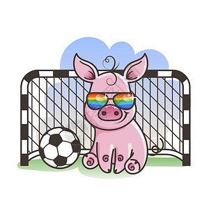 带足球的可爱卡通猪矢量插图背景图片