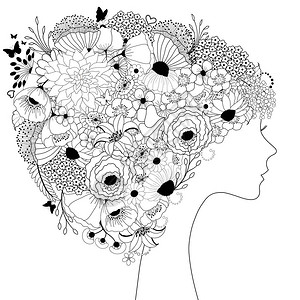 美丽的女人的轮廓花朵的发型图片