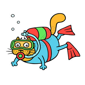 带赤道的卡通猫探索海洋深处可爱的潜水动物特图片