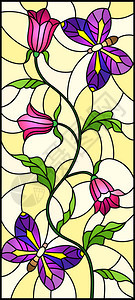 以彩色玻璃风格用抽象的卷粉花和黄色背面的紫蝴蝶垂直背景图片