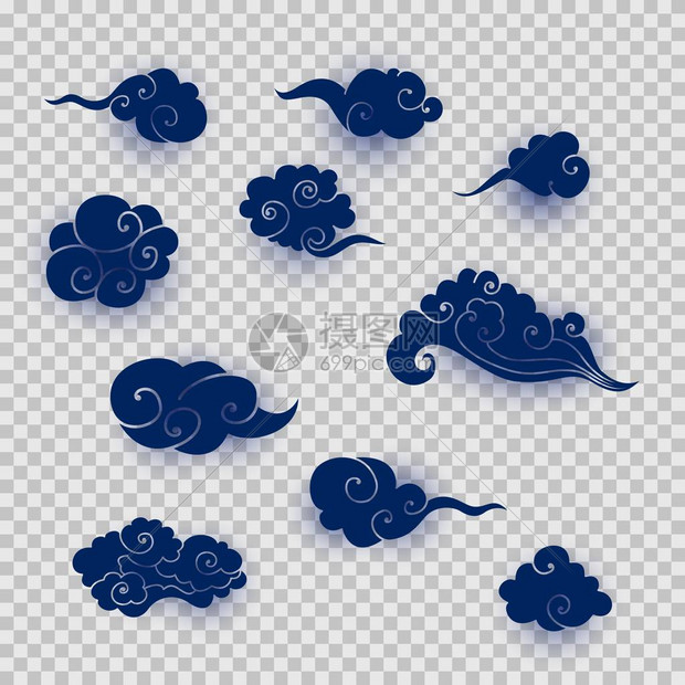 亚洲蓝色云彩的集合一套传统风格的剪纸卡通云用于品牌装饰背景封面海报的设计元图片