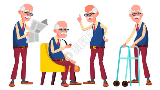 老人姿势设置向量老年人资深人士老化友好的祖父母横幅传单宣传册设计孤背景图片