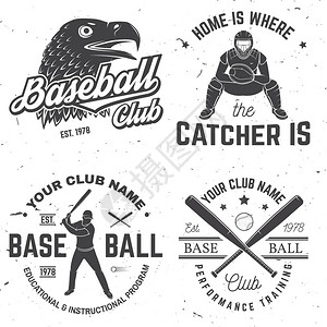 一套棒球或垒球俱乐部徽章向量衬衫或标志印刷品邮票或T恤的概念带有棒球接球手鹰和球的棒球轮廓的图片