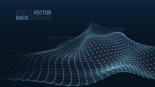 矢量抽象的未来数字景观与闪耀粒子点计算机几何数字连接结构未来派蓝色抽象网背景图片