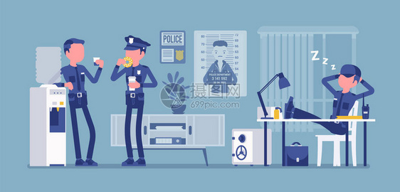 在警察局午休警察在办公室聊天吃饭下班后放松睡觉上班前恢复公共私人城市安全概念矢量图图片