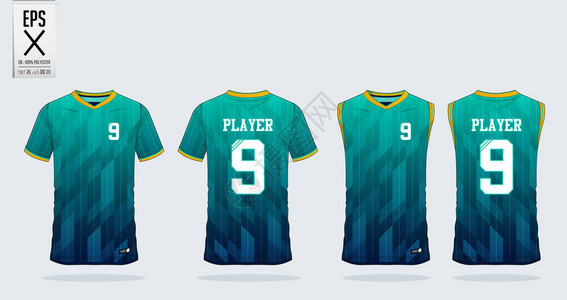 足球衣足球套件的蓝色和绿色渐变T恤设计模板篮球衫的背心制服的正面和背面视图为体育俱乐部模拟的运图片