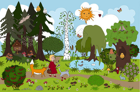 幼稚梦想的童话森林矢量图女孩和她的朋友猫和狐狸采蘑菇后图片
