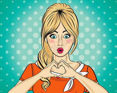 金发碧眼的波普艺术女人用手做心脏标志漫画女人钉住女孩积极的人类情图片