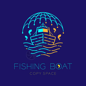 渔船鱼海鸥波浪和渔网形状标志图标轮廓笔划集虚线设计插图在深蓝色背景和复背景图片