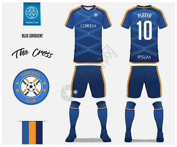 足球俱乐部的足球衣或足球套件模板设计蓝色渐变足球衫搭配袜子和蓝色短裤模拟正面和背面视图足球制服足球标志图片