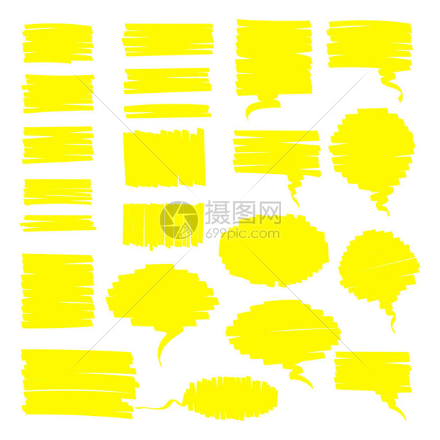 荧光笔黄色手绘套装扁平的涂鸦矩形方形语音气泡和粗略的圆形谈话云突出手绘用于办公室风格设计的图片