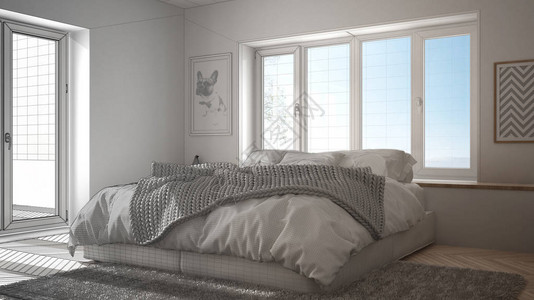 未完成的室内设计草案斯堪的纳维亚白色和绿色简约卧室图片