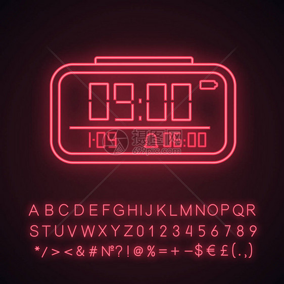数字闹钟霓虹灯图标电子钟数字闹钟手表带有字母数字和符号的发光符号孤图片