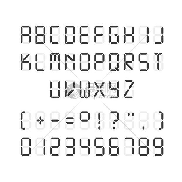 黑色数字体矢量模板在背景上显示带有标点符号的字母和数字图片
