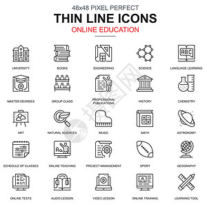 细线在教育电子为网站和移动网站和应用程序设置的电子书图标包含教学校等图标48x48像素完美线象形图片