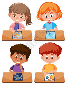 一群学生玩平板电脑插图图片