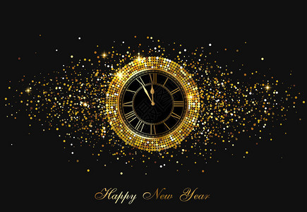 黑色新年快乐闪亮的海报有时钟和金面背景图片