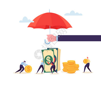 保险代理人为省钱打伞具有收集金币的字符的财务保护概念安全背景图片