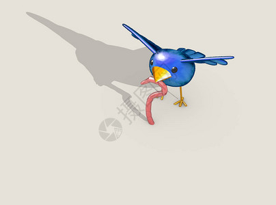 一个字面概念描述卡通蓝鸟在孤立的背景中捕捉粉色土虫的方形图片