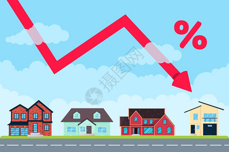 房价像箭头一样从空中跌落了许多购买新房的良好投资理念或低货币价格各种建筑物设置和箭头跳上横幅平图片