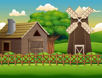 带棚子和风车的农场景观图片