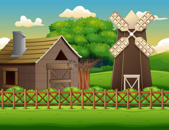带棚子和风车的农场景观图片