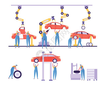 汽车生产厂机械线组汽车工业自动化机器人工厂设计工业轮胎装配设备输送机平面卡通矢量图解图片