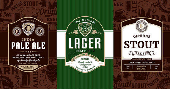 矢量老式啤酒标签和包装设计模板淡色艾尔啤酒和粗壮的标签酿造公司品牌和图片