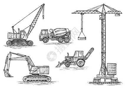 工程车用于建造筑物的重型设备农业机械起重机和农业电机拖拉机和挖掘机用于农场和土方作业的混图片