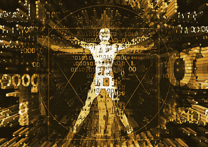 计算机数据爆炸中的维特鲁威人剪影用二进制代码描绘维特鲁威人的未来主义插图象征着数字时图片
