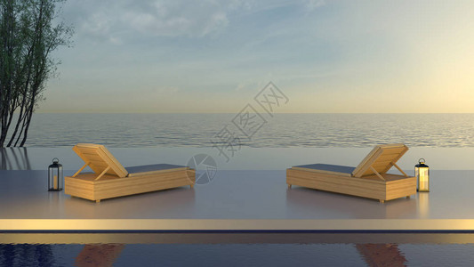 地板上的木床豪华住宅游泳池海滩和全景海的夏日放松海景3d渲染日光浴室内日光浴图片