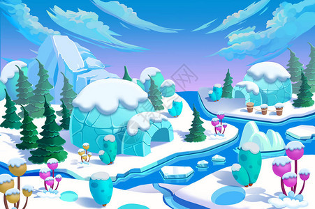 爱斯基摩冰屋镇桥冰河冰山冰花青松逼真的卡通风格创意风景壁纸背背景图片