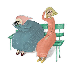 相当老太或祖母坐在长凳上眺望远方年长的朋友正在长凳上休息有趣和可爱的卡通人物白色背景上的彩色插图片
