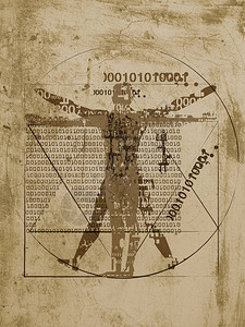 数字时代的维特鲁威人棕色垃圾背景上带有二进制代码的维特鲁威人的图片