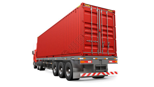 一辆带有睡眠部分和空气动力学延伸部分的大型复古红色卡车携带一辆装有海运集装箱的拖车图片