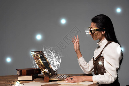 戴护目镜的女人在与灰色隔离的彩光数字插图进行视频背景图片