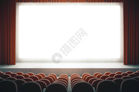电影剧场有一排的座位和大片空白的窗帘和窗帘Mockup图片