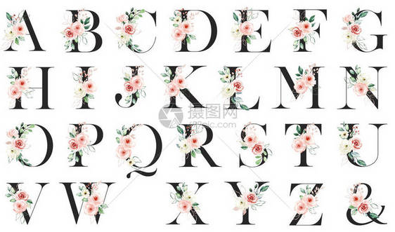 花字母表装有水彩花图片