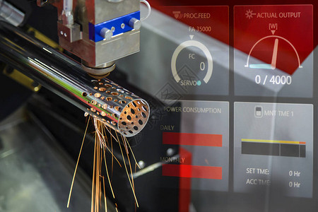 光纤激光切割机的抽象场景和表盘显示器显示背景通过CNC程序控制切割不锈钢管激光切割机的图片