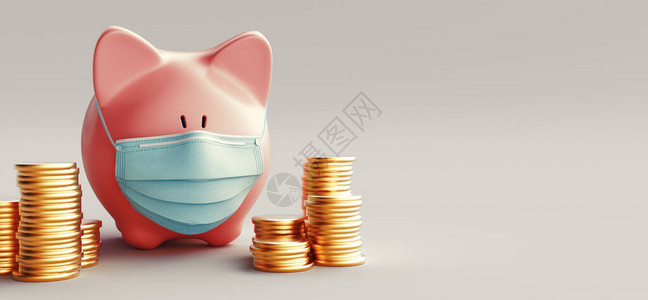 经济危机的概念戴着医用口罩的创意猪钱和药丸冠状大流行和经济崩溃3图片