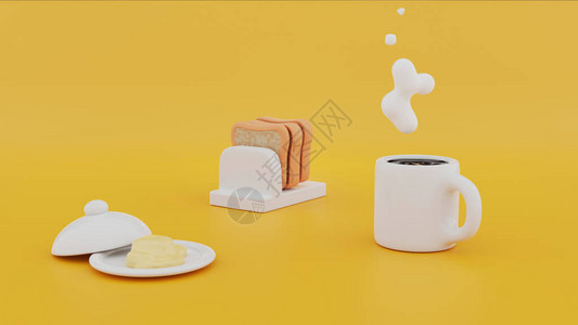 黄色3d卡通速食早餐热咖啡套装炒鸡蛋香肠和培根黄油和面包桌上烤面包和餐巾黄色或橙色的桌子和玩具图片