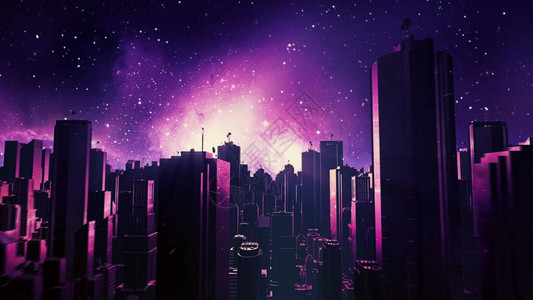 复古未来城市飞越背景80年代科幻合成波景观与星用于EDM音乐视频视频介绍的Vaporwave风格化VJ3D插图4K图片
