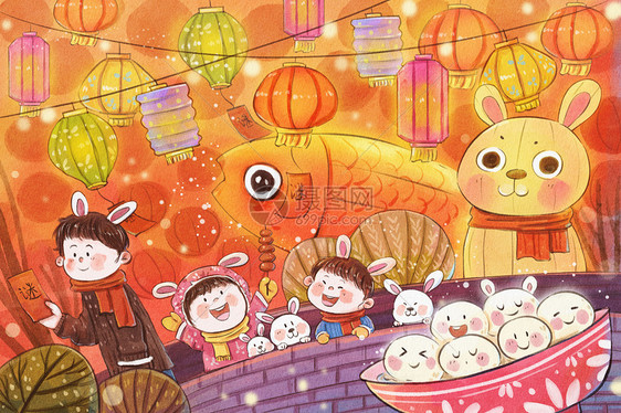 兔年之二月元宵节花灯手绘水彩插画图片