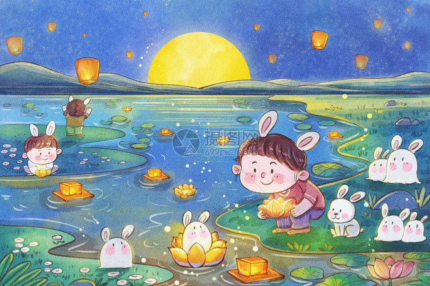 兔年之八月处暑中元节放河灯手绘水彩插画图片