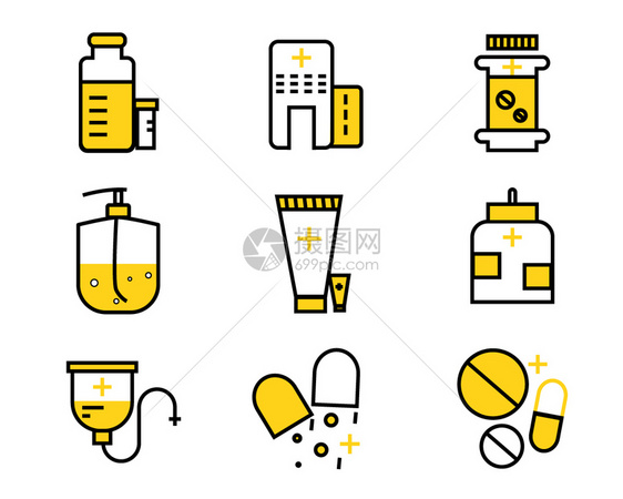 黄色ICON图标医疗药瓶医用洗手液药片滴管胶囊元素套图svg图标图片