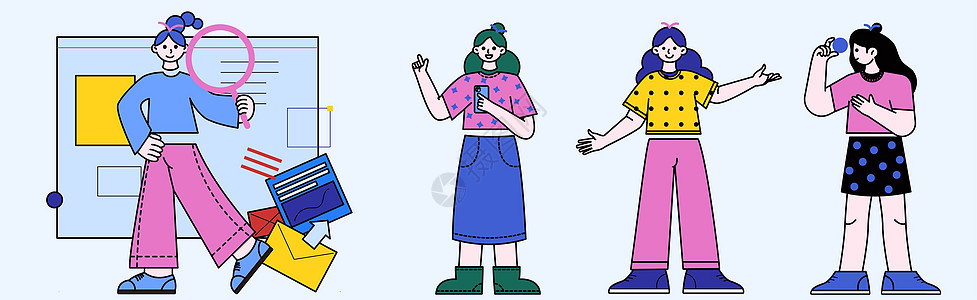 蓝粉色卡通商务类研究讨论放大镜人物SVG拆分插画图片